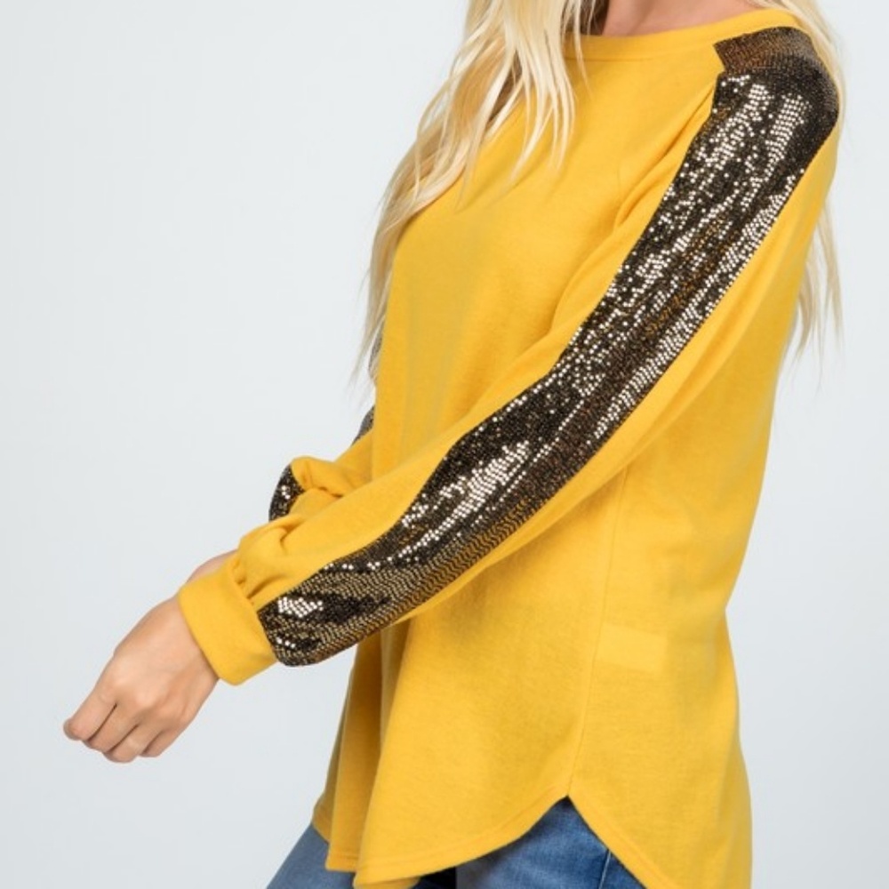 Mustard soft brushed top w/ sequin sleeves - Picture 5 of 9
